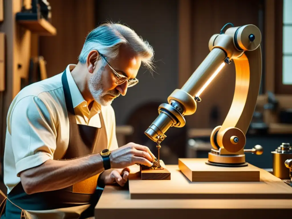 Un luthier experto construye un instrumento musical mientras un brazo robótico lo asiste, fusionando tradición y tecnología