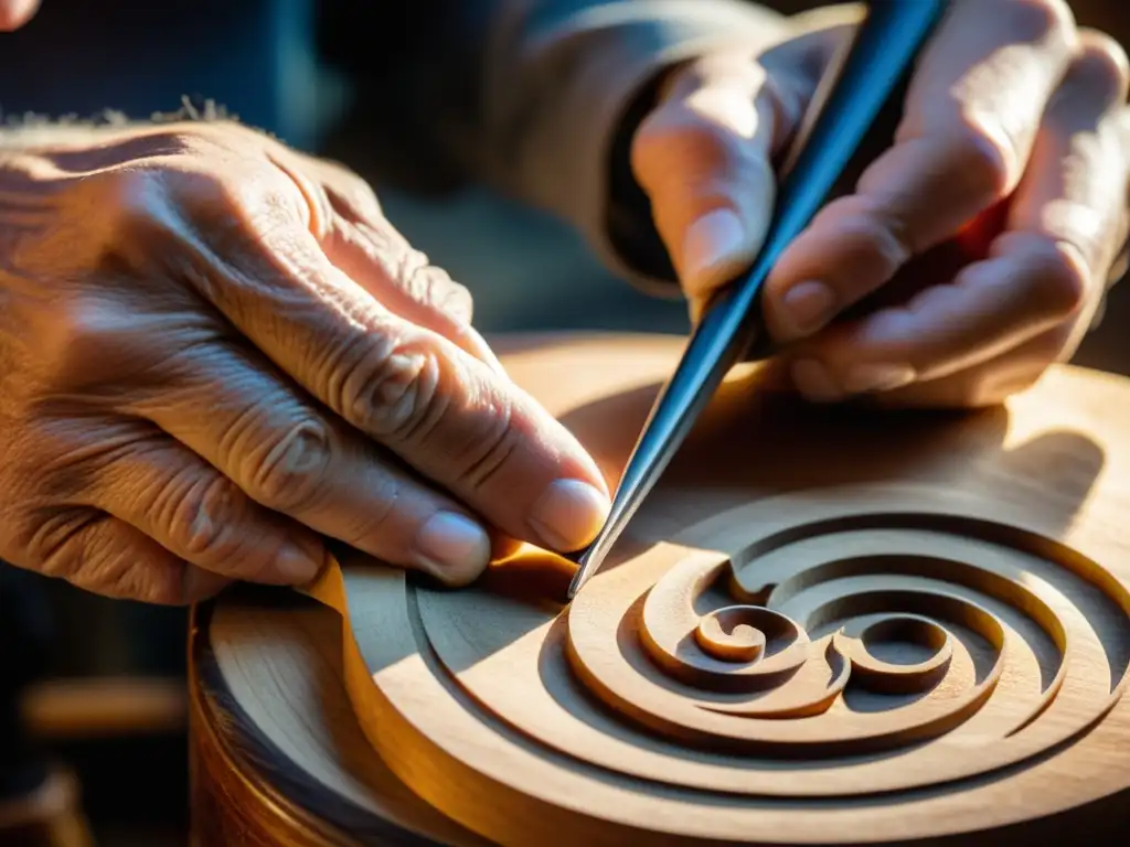 Un luthier experto talla con precisión detalles en un violín vintage, mostrando la artesanía de la construcción de instrumentos musicales en línea