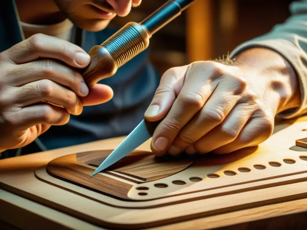 Un luthier experto talla diseños en madera envejecida, rodeado de herramientas tradicionales y digitales