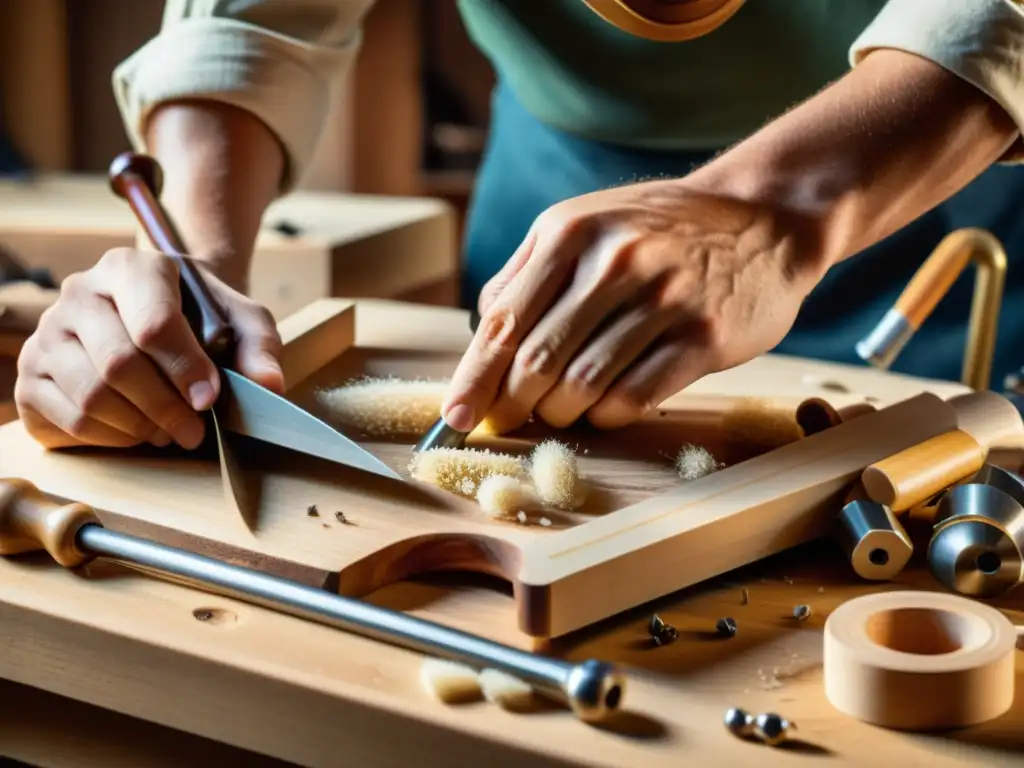 Un luthier experto talla con esmero la madera para la construcción de instrumentos musicales en línea