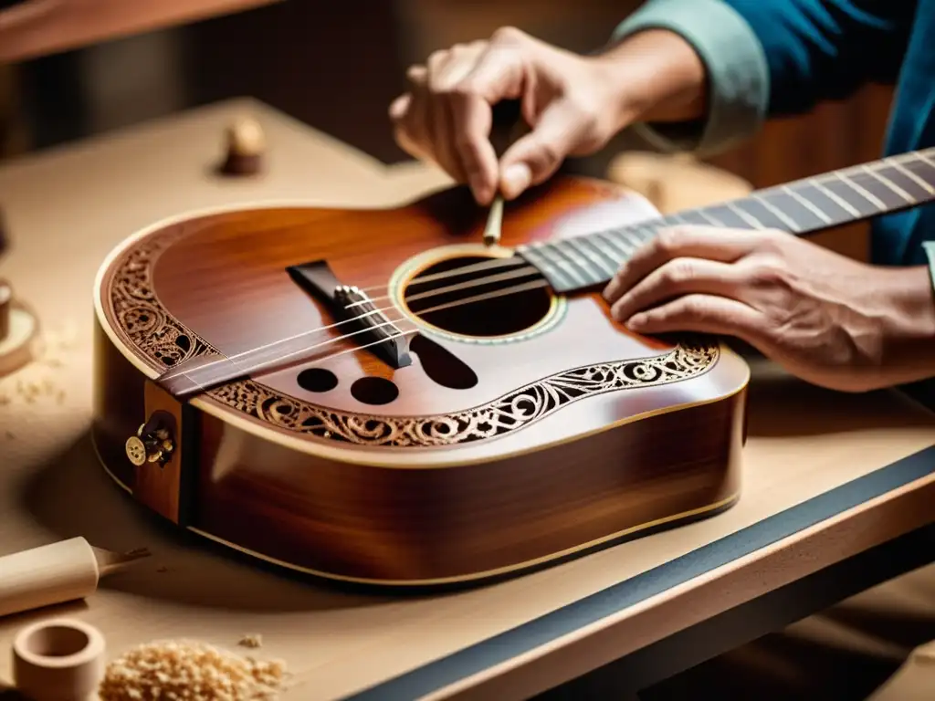 Un luthier experto talla a mano diseños en una guitarra de caoba, con luz cálida y herramientas antiguas