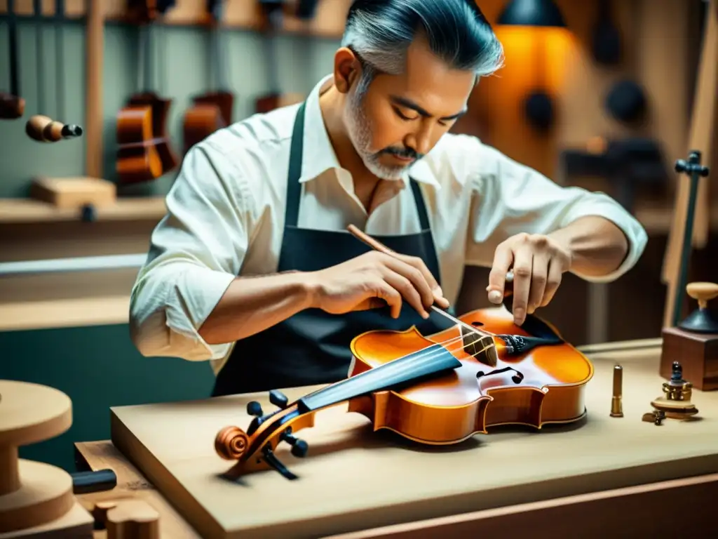 Un luthier experto talla meticulosamente madera para construir un violín tradicional, con robótica integrada