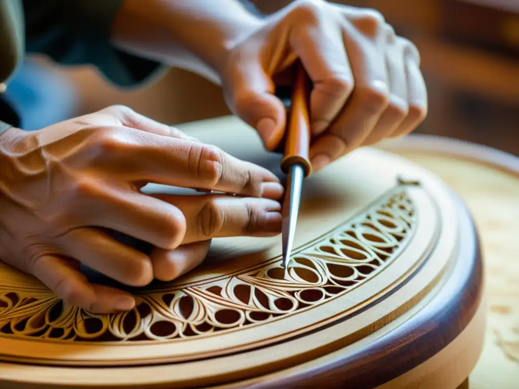 Un luthier experto talla delicadamente patrones intrincados en la madera de un instrumento musical tradicional bajo la cálida luz natural