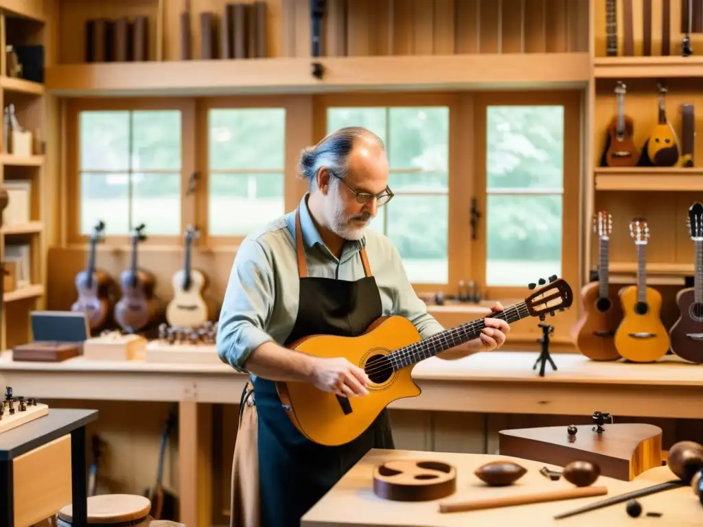 Un luthier experto guía un taller virtual de construcción de instrumentos musicales en línea, rodeado de herramientas tradicionales y música