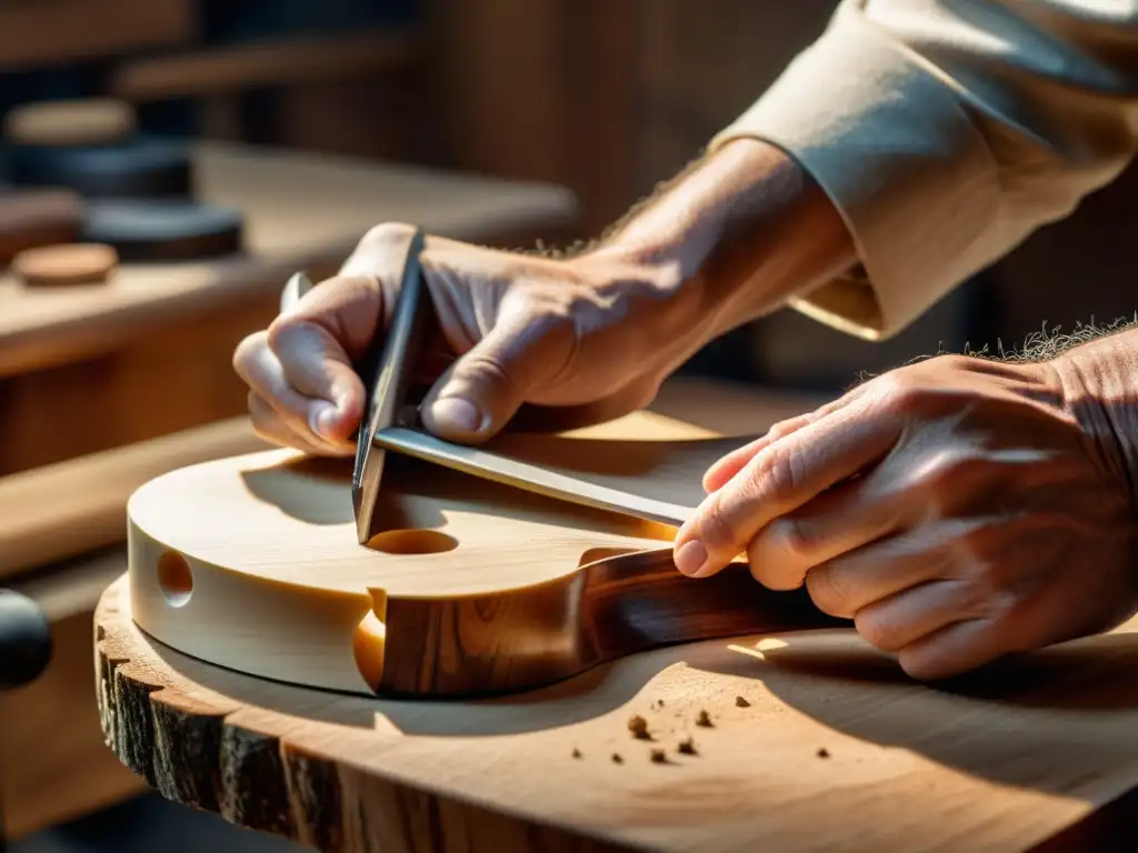 Un luthier tallando con precisión el cuerpo de un violín a mano, resaltando la artesanía en la construcción de instrumentos musicales tradicionales