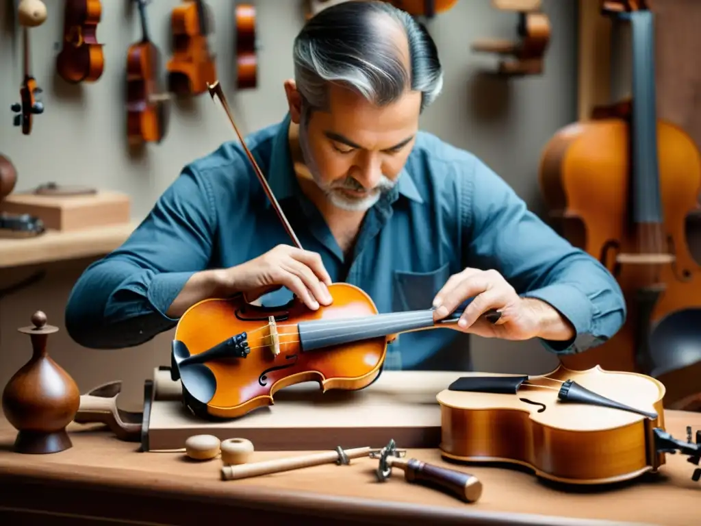 Un luthier tradicional concentra la construcción de un violín, rodeado de herramientas y materiales vintage