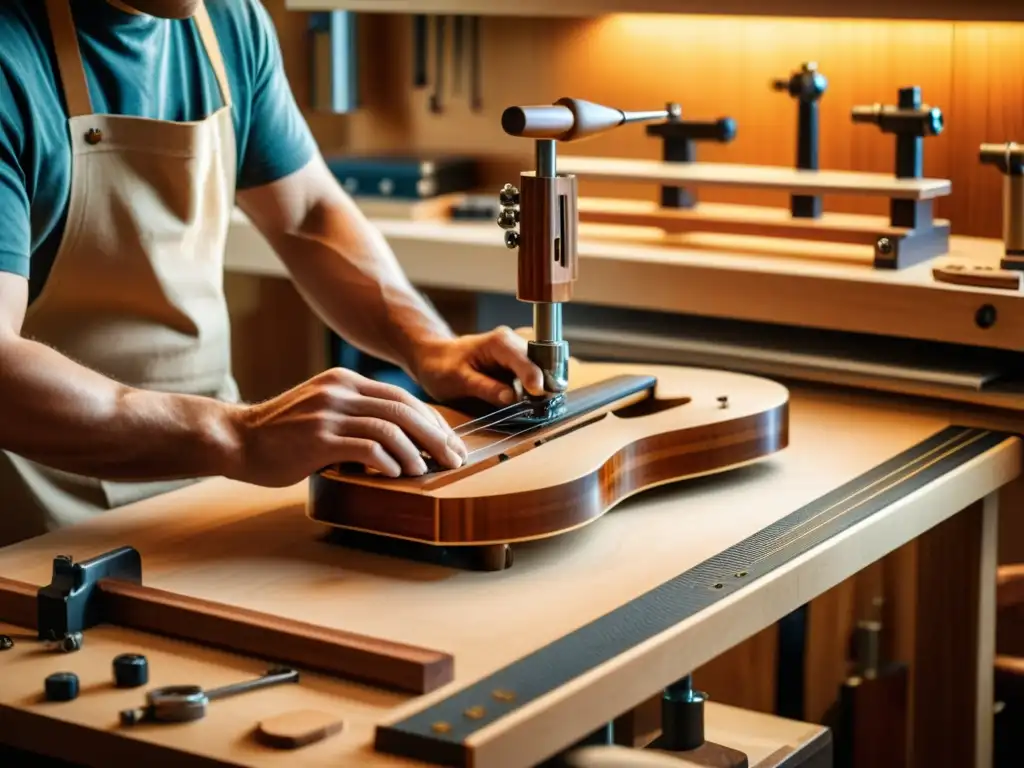 Un luthier tradicional talla con cuidado el mástil de una guitarra, asistido por brazos robóticos, rodeado de herramientas clásicas