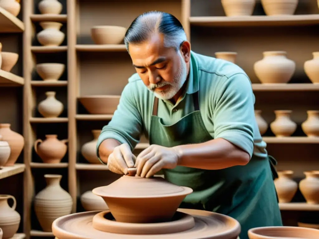 Un maestro alfarero moldea arcilla en un taller vintage