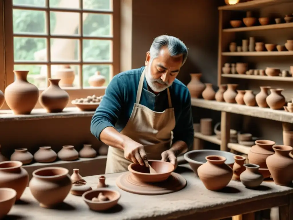 Un maestro alfarero moldea arcilla en un taller tradicional, rodeado de herramientas y piezas de alfarería