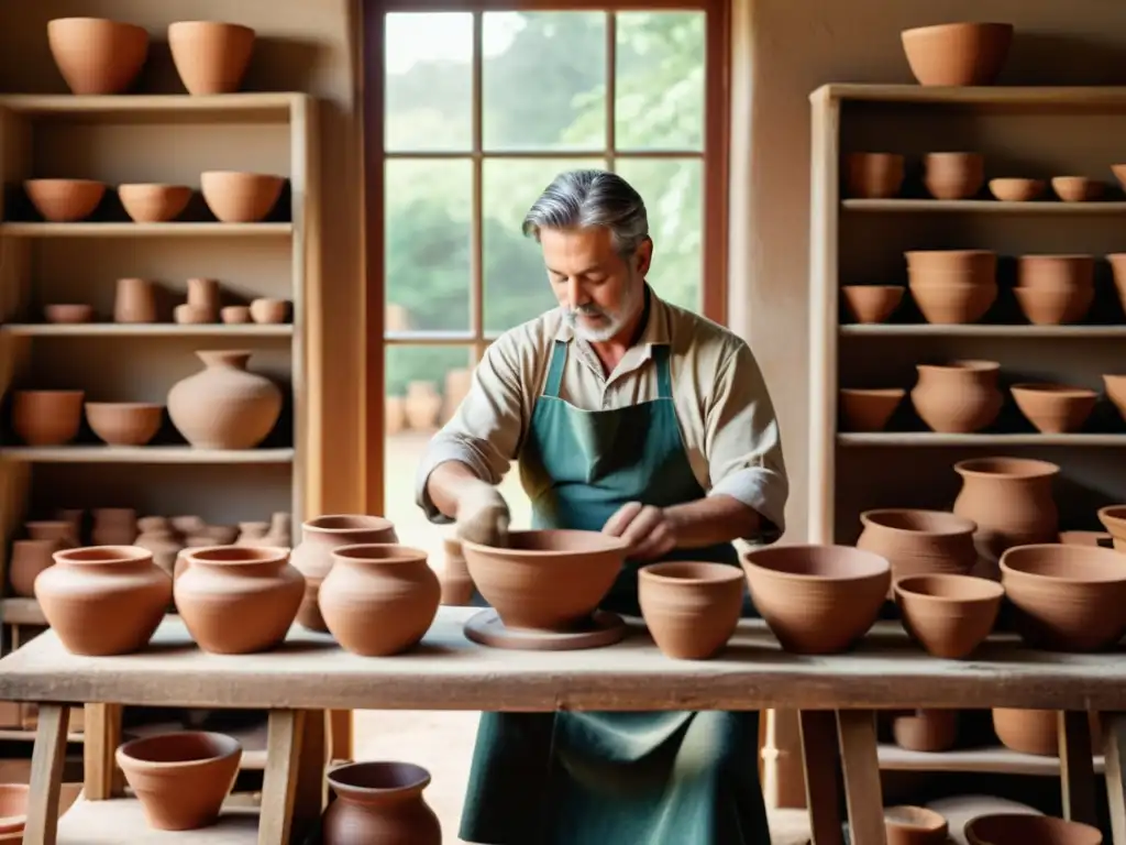 Un maestro alfarero moldea arcilla en un taller de alfarería tradicional, rodeado de estantes con cerámica, herramientas y luz natural