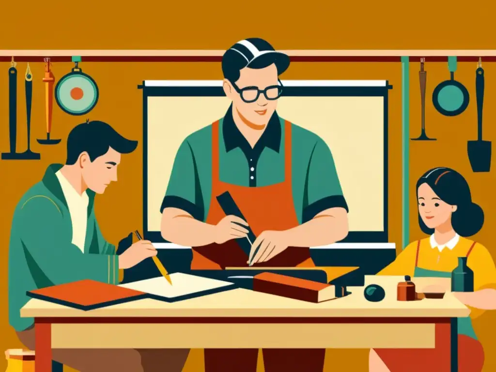 Maestro de la artesanía digital narra una historia, inspirando a estudiantes diversos en un ambiente cálido y creativo