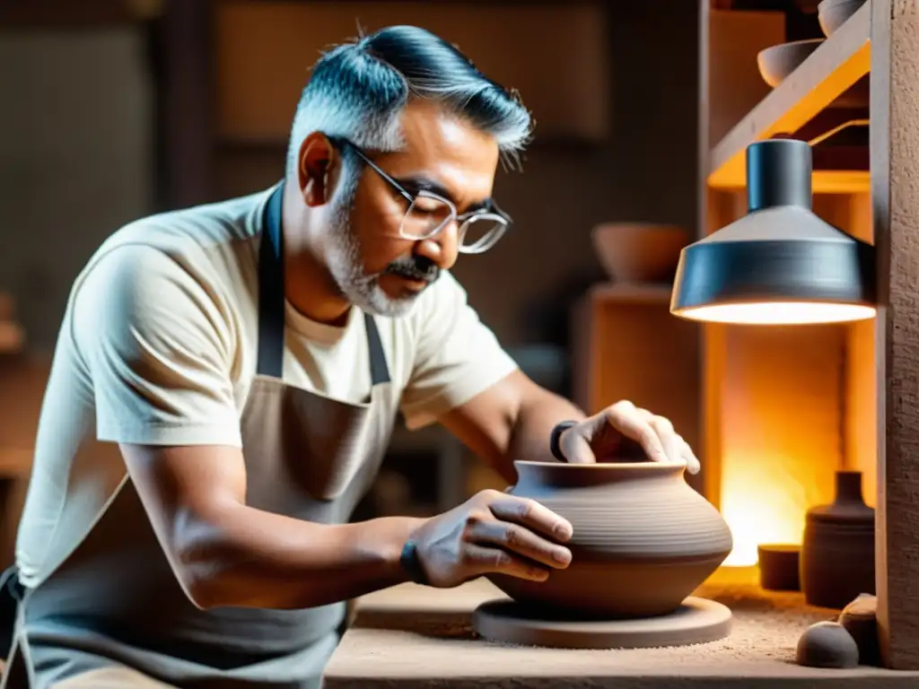 Un maestro artesano trabaja en cerámica, mientras una impresora 3D crea un diseño similar en un taller rústico