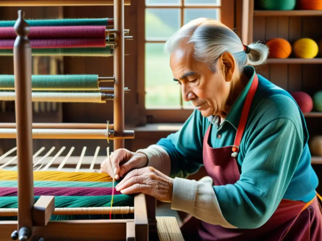 Maestro artesano tejiendo con cuidado en un antiguo telar de madera, rodeado de textiles hechos a mano y herramientas antiguas