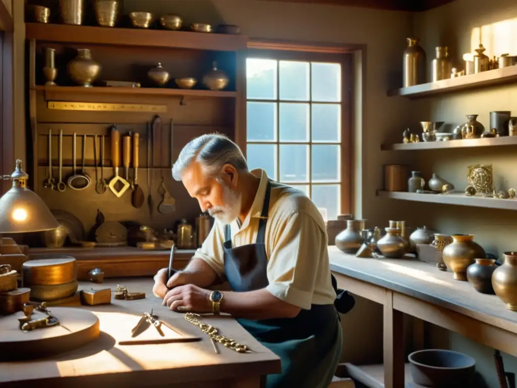 Un maestro artesano trabaja con delicadeza en su taller, rodeado de herramientas vintage y joyas hechas a mano