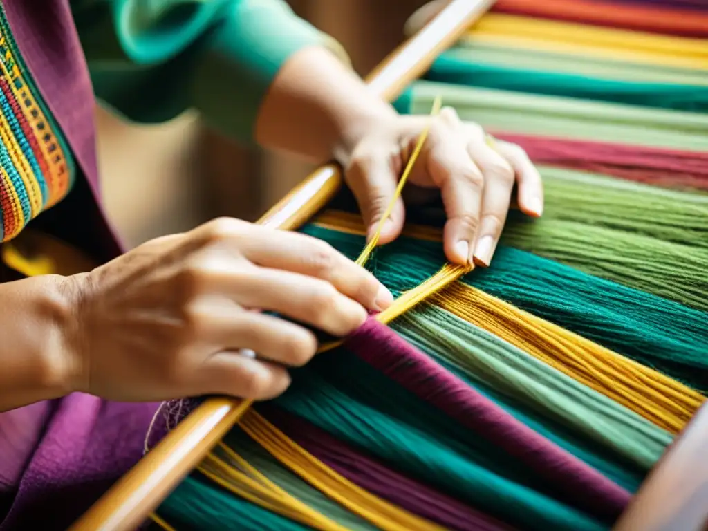 Un maestro artesano tejiendo con destreza hilos coloridos en un patrón tradicional