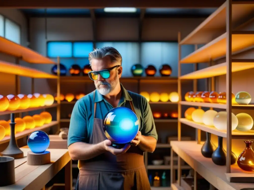 Un maestro artesano moldea con destreza un orbe de vidrio fundido, fusionando técnicas de soplado de vidrio con realidad virtual