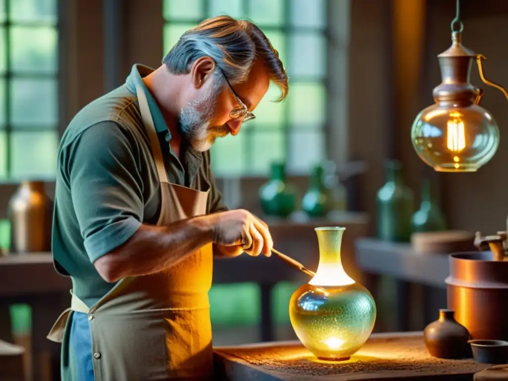 Un maestro artesano moldea con destreza vidrio fundido en una delicada y ornamentada vasija vintage