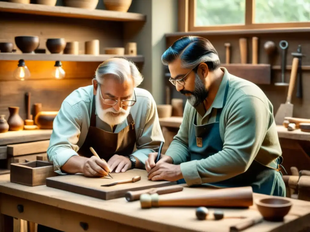 Un maestro artesano enseña a su aprendiz en un taller lleno de herramientas tradicionales