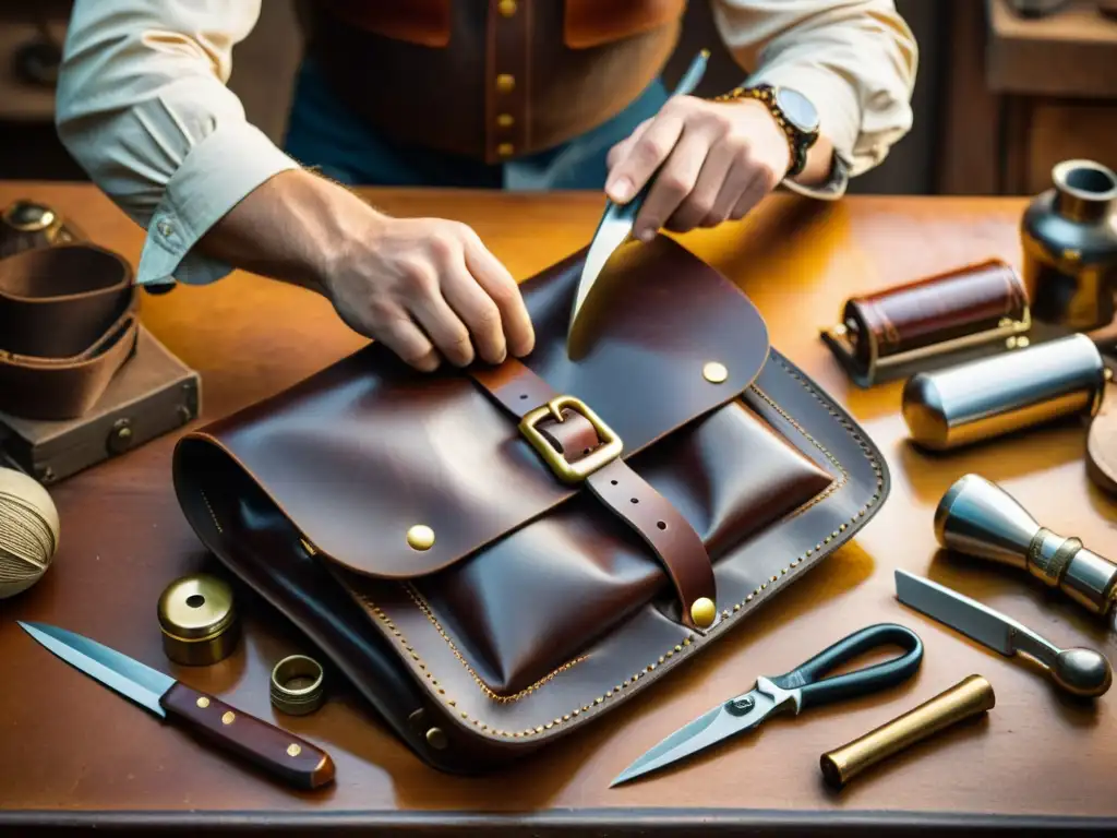 Artesano de cuero: maestría y tradición en cada puntada Un maestro artesano de la marroquinería cosiendo a mano una bolsa de cuero vintage, rodeado de herramientas antiguas y materiales