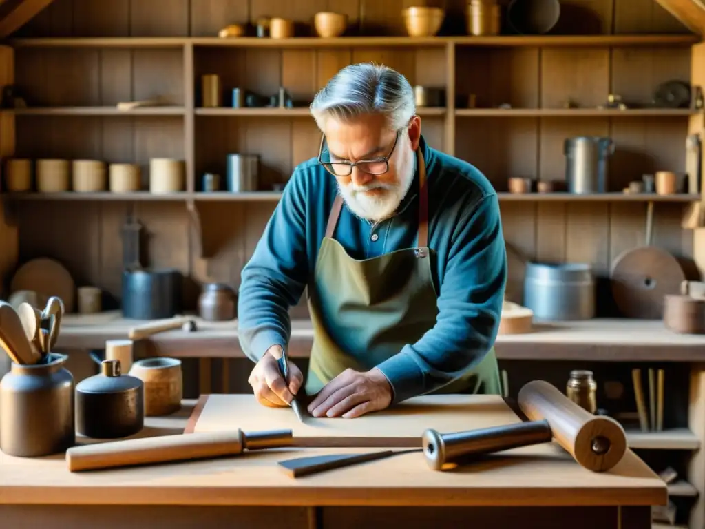 Un maestro artesano crea una obra tradicional en un taller rústico, envuelto en luz natural