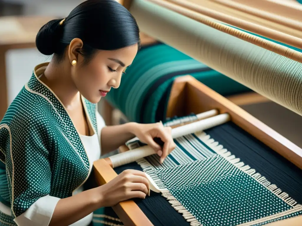 Un maestro artesano teje patrones en un textil tradicional, rodeado de tecnología y materiales futuristas