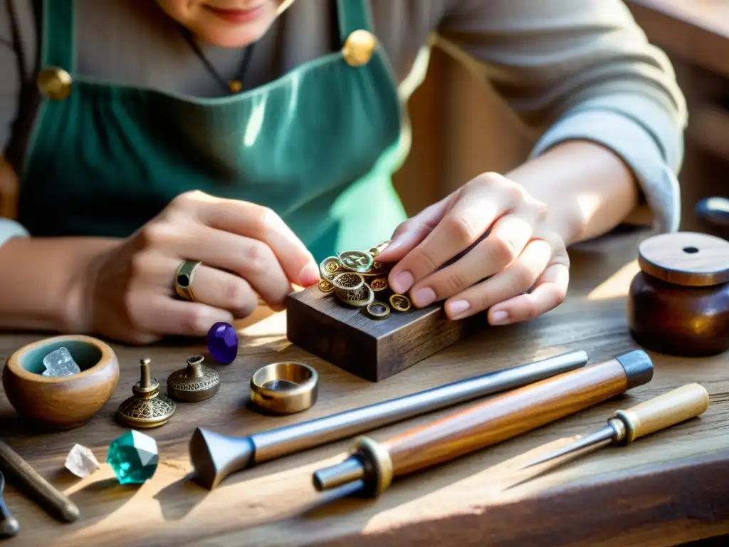 Un maestro artesano crea con esmero joyería, rodeado de herramientas y materiales vintage