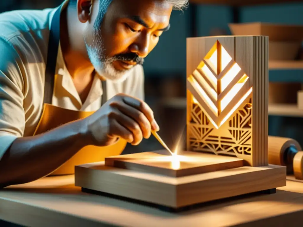 Maestro artesano talla escultura a mano mientras impresión 3D crea diseño moderno en madera