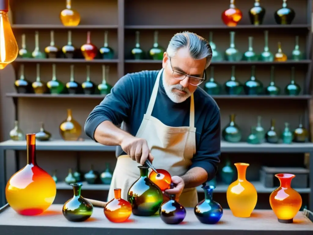 Un maestro artesano en un taller de soplado de vidrio vintage, creando una delicada obra rodeado de esculturas y herramientas coloridas