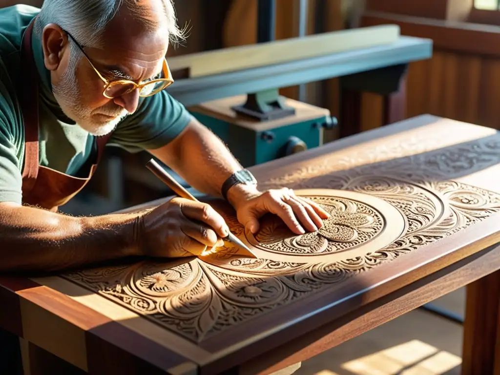 Un maestro carpintero tallando delicados patrones florales en una mesa de caoba, con luz dorada y la fusión de artesanía tradicional en la era digital