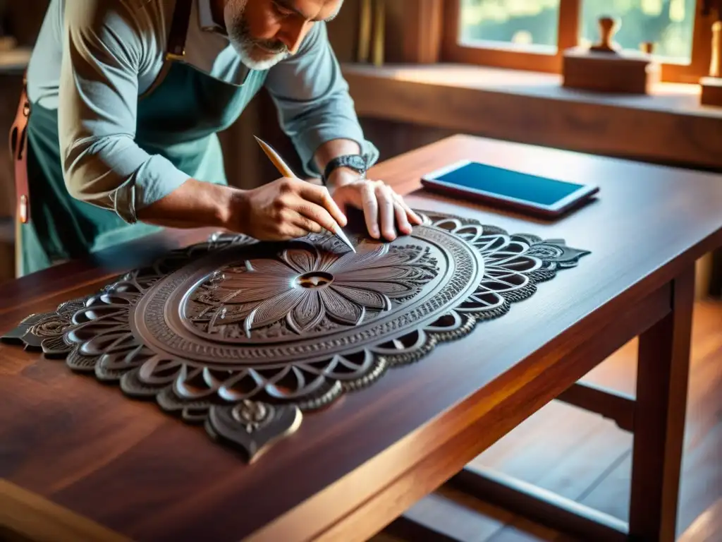 Un maestro ebanista tallando con esmero un diseño detallado en una mesa de caoba, con herramientas vintage y una tablet