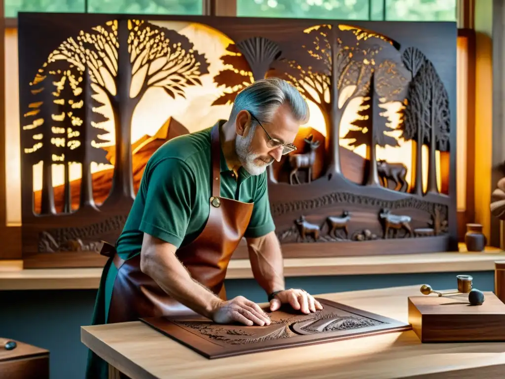 Un maestro ebanista talla con cuidado una escena de bosque en un panel de nogal, iluminado por cálidos rayos de sol