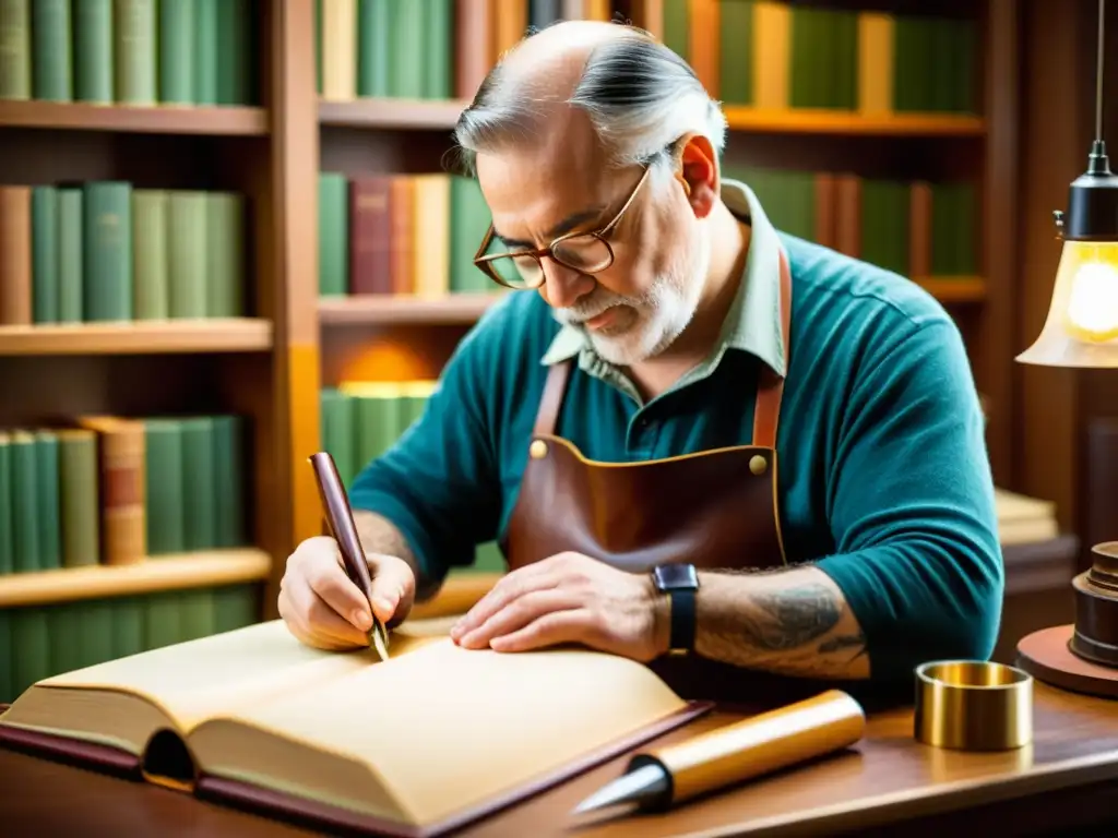 Un maestro encuadernador crea a mano un libro encuadernado en cuero con herramientas tradicionales