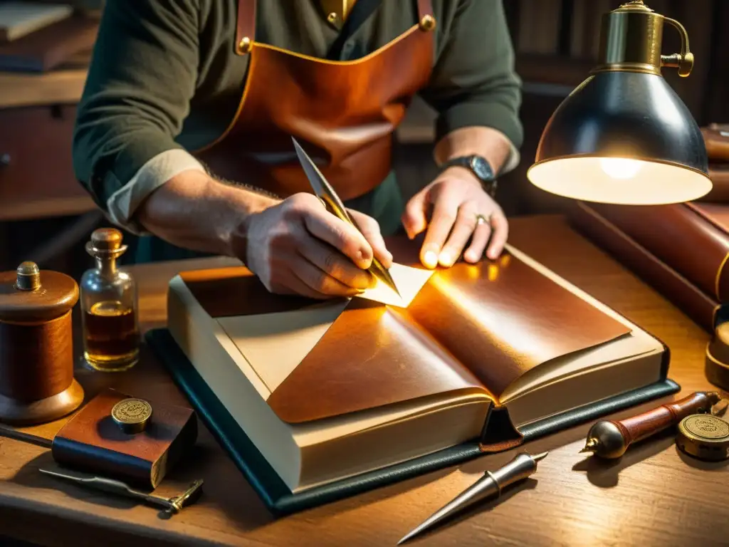 Un maestro encuadernador vintage cosiendo un libro de cuero con herramientas antiguas