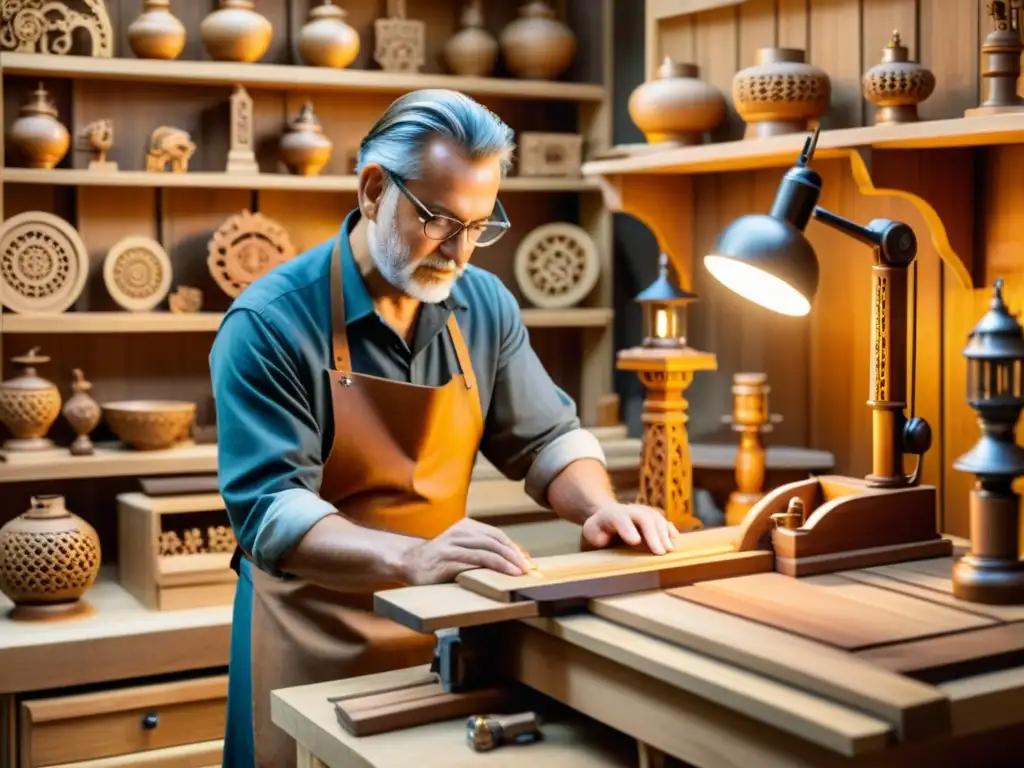 Maestro carpintero tallando esculturas rodeado de herramientas antiguas y un brazo robótico, simbolizando la armonía entre tradición y robótica en la carpintería artesanal