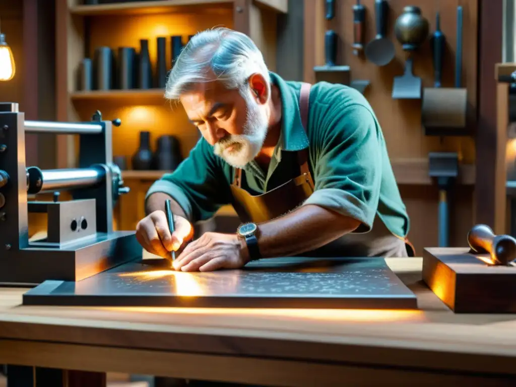 Un maestro grabador talla con meticulosidad un diseño intrincado en una placa de metal, concentrado en la precisión artística de su trabajo