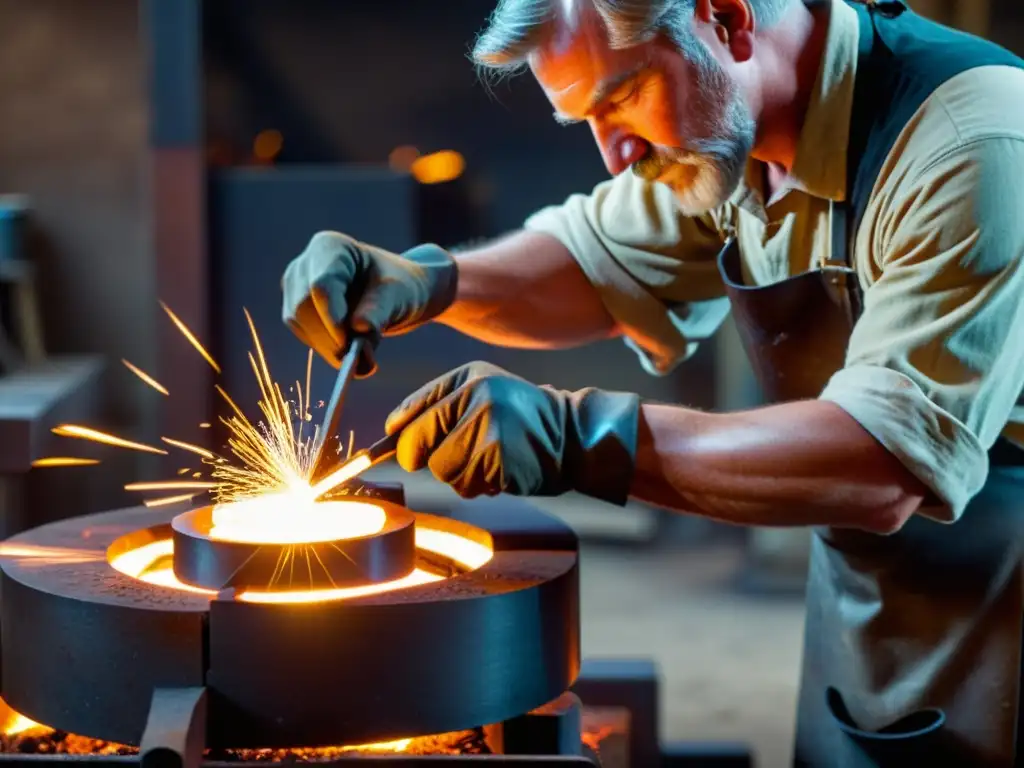 Un maestro herrero modela con destreza una escultura de micrometalurgia en un fragua ardiente, fusionando lo tradicional con el arte digital