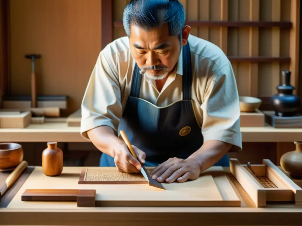 Un maestro japonés de la carpintería tradicional talla diseños intrincados en madera, rodeado de herramientas, bañado en cálida luz