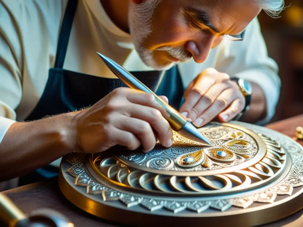 Un maestro joyero talla con delicadeza diseños en plata, con herramientas antiguas y un delantal vintage