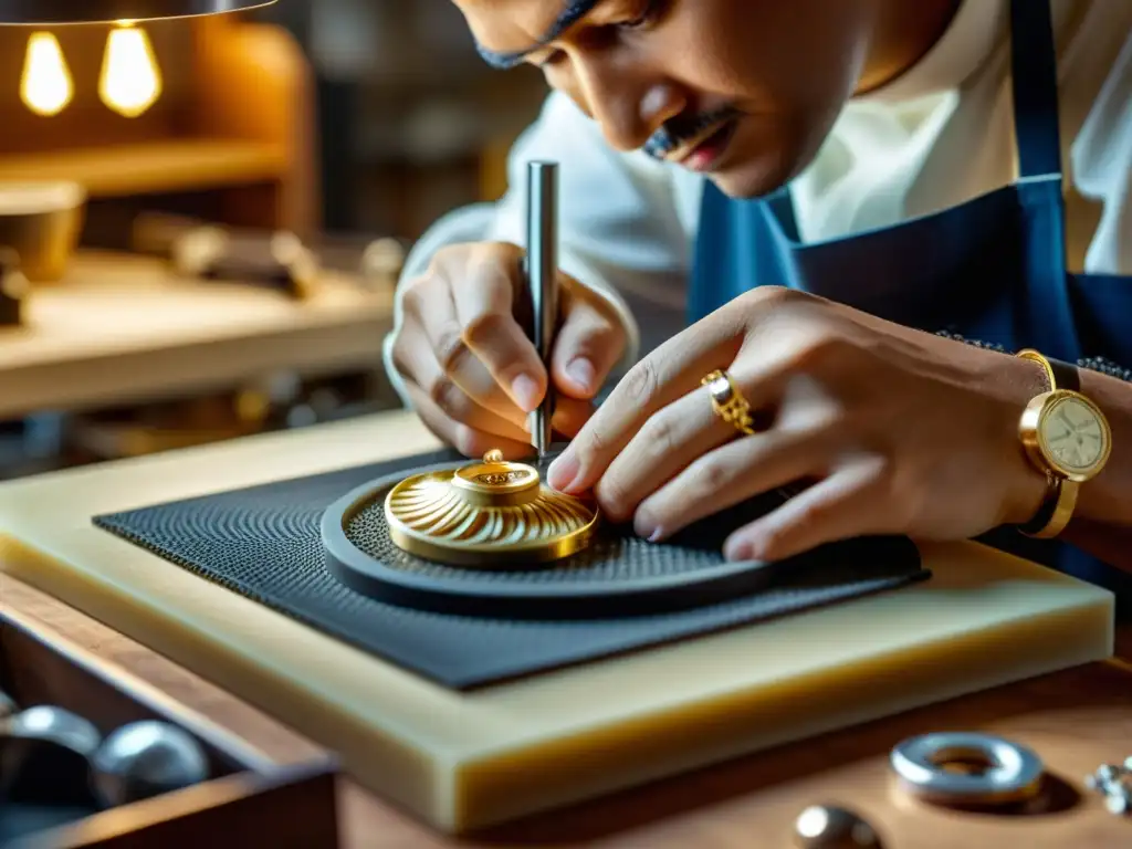 Un maestro joyero, rodeado de herramientas vintage, crea con esmero una joya impresa en 3D, evocando tradición y arte atemporal