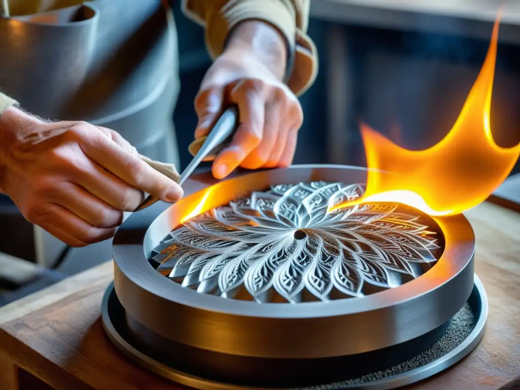 Un maestro orfebre moldea con cuidado plata fundida en un patrón de filigrana, fusionando artesanía tradicional y modelado 3D