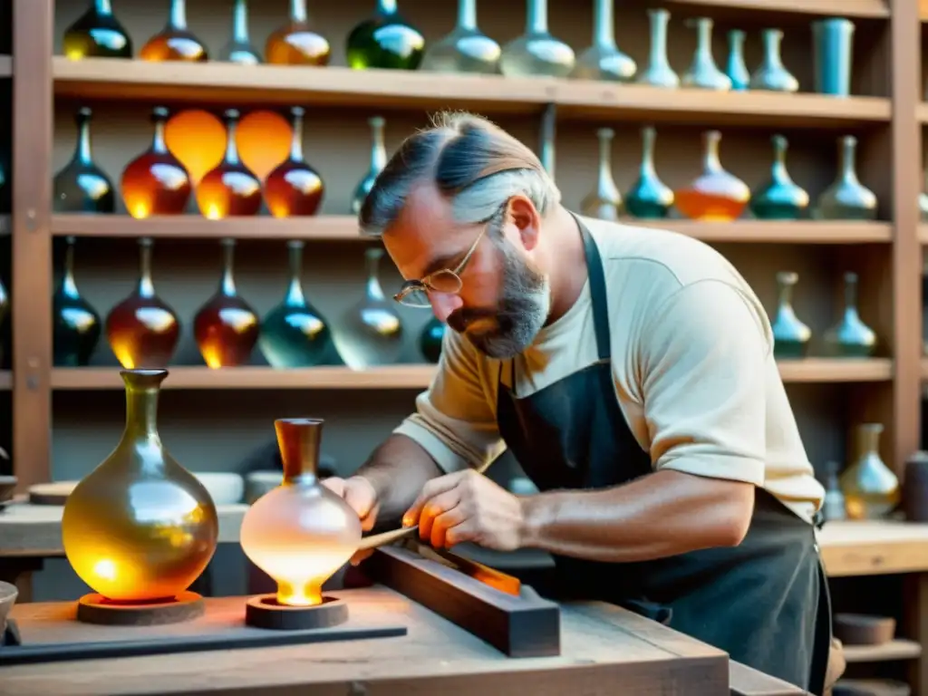 Un maestro soplador de vidrio artesanal moldea con cuidado el vidrio fundido en su banco de trabajo, iluminado por el cálido brillo del horno