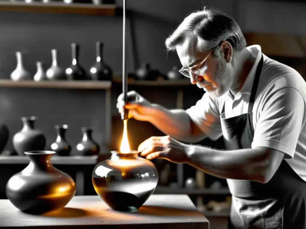 Un maestro soplador de vidrio moldea con destreza una delicada vasija en un taller iluminado por el suave resplandor del horno