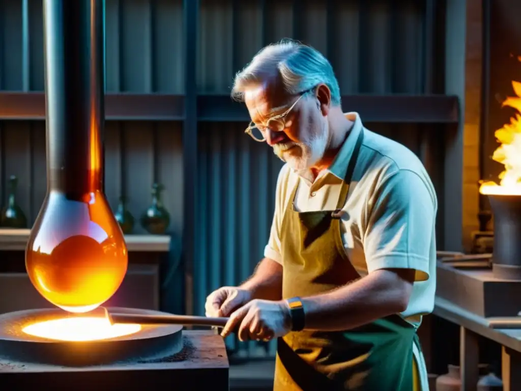 Un maestro soplador de vidrio manipula con destreza el vidrio fundido ante un horno encendido, en un taller con tenue iluminación