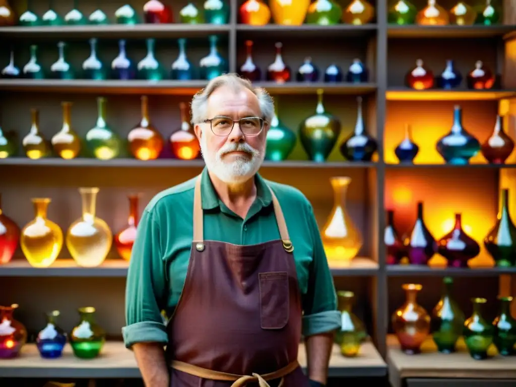 Un maestro soplador de vidrio en su taller, moldeando con precisión una obra maestra de vidrio fundido