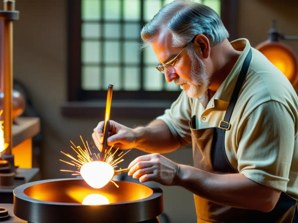 Un maestro soplador de vidrio en un taller vintage da forma con precisión al vidrio fundido, envuelto en un cálido resplandor del horno