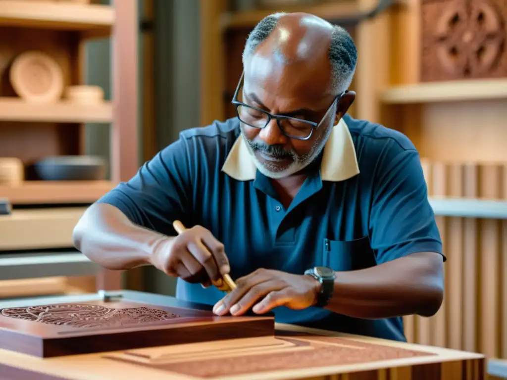 Un maestro tallador de madera trabaja meticulosamente en una talla de caoba, mientras una máquina CNC moderna talla otro diseño