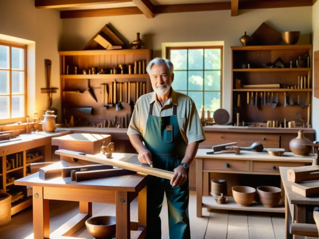 Un maestro carpintero en un taller soleado rodeado de herramientas antiguas y muebles de madera intrincados