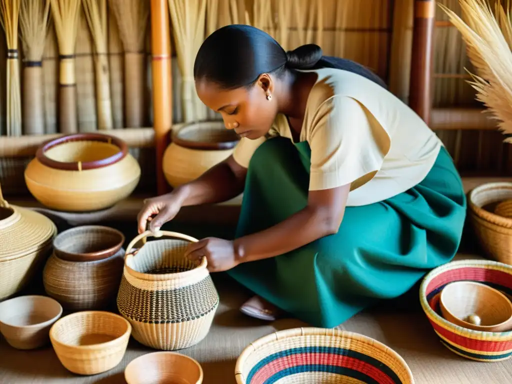 Maestra tejedora entre cestas vibrantes y naturaleza Un maestro tejedor renovando diseños ancestrales en cestería, rodeado de cestas vibrantes y materiales naturales