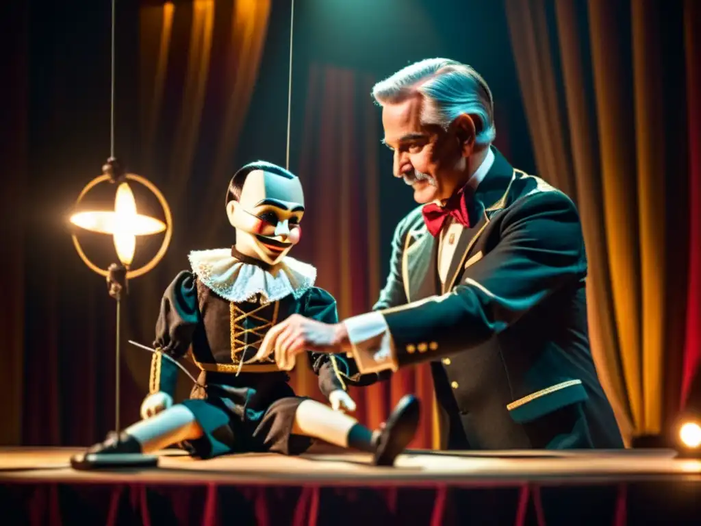 Un maestro titiritero manipula con cuidado una marioneta en un escenario tenue, resaltando la artesanía y expresión