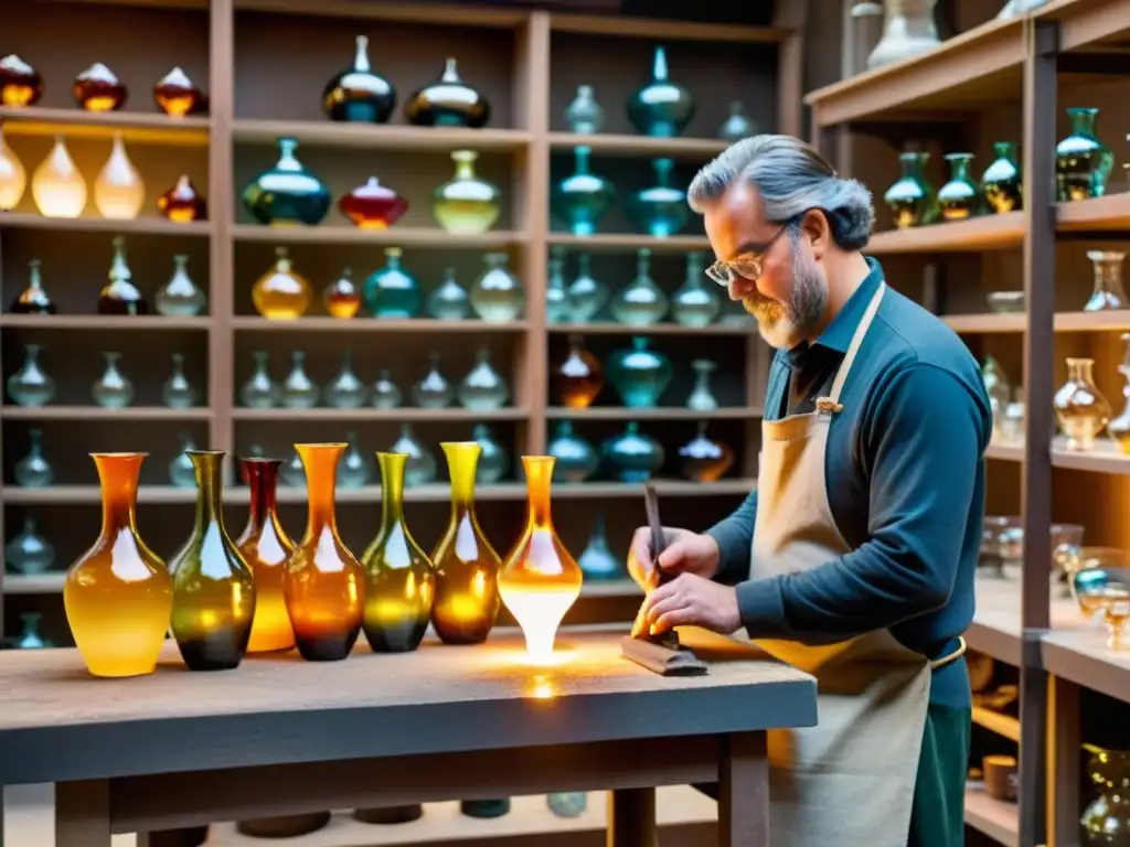 Un maestro vidriero moldea con cuidado el cristal fundido en su taller
